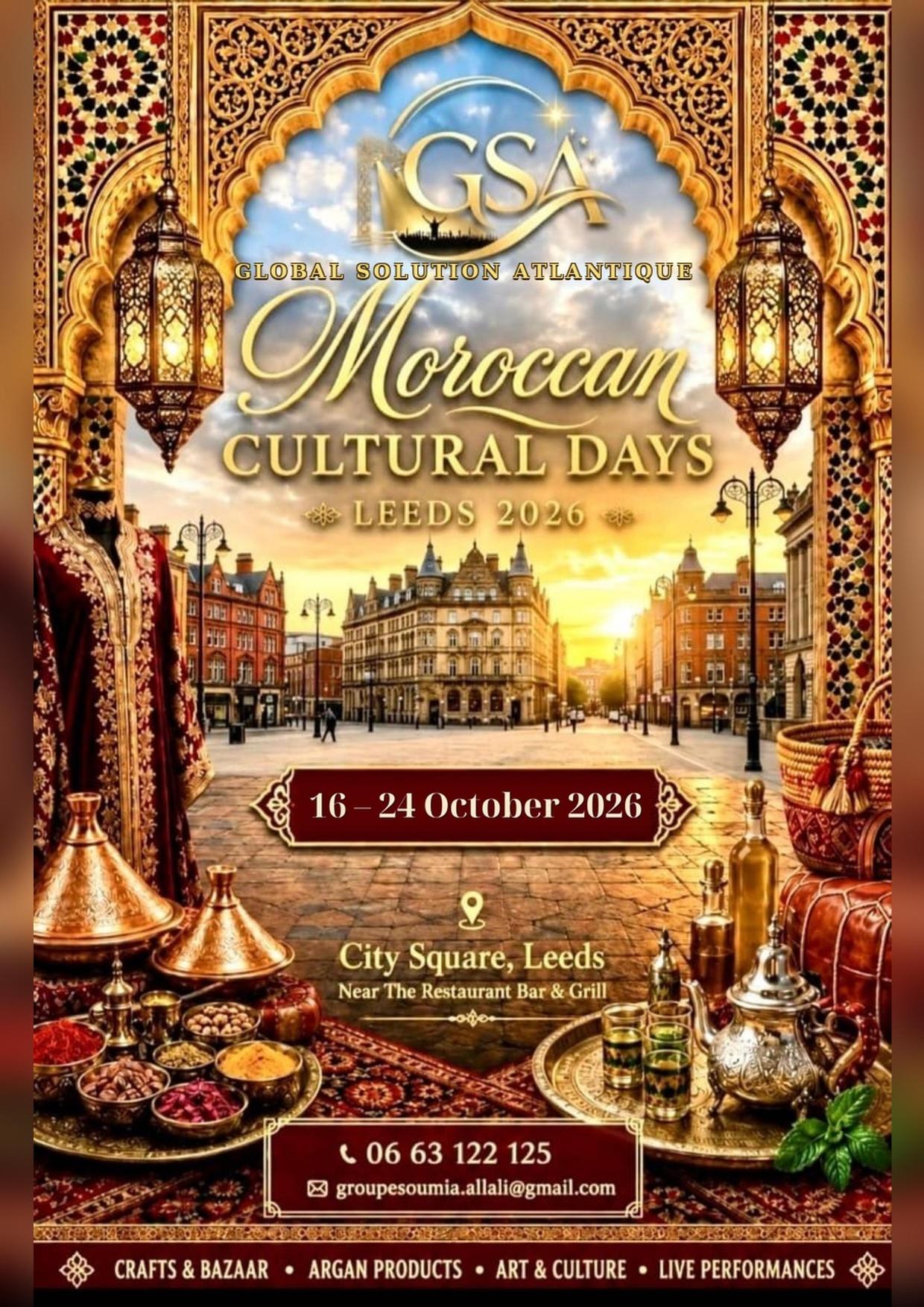 Moroccan Cultural Days Leeds 2026 poster — 16 to 24 October 2026, City Square, Leeds