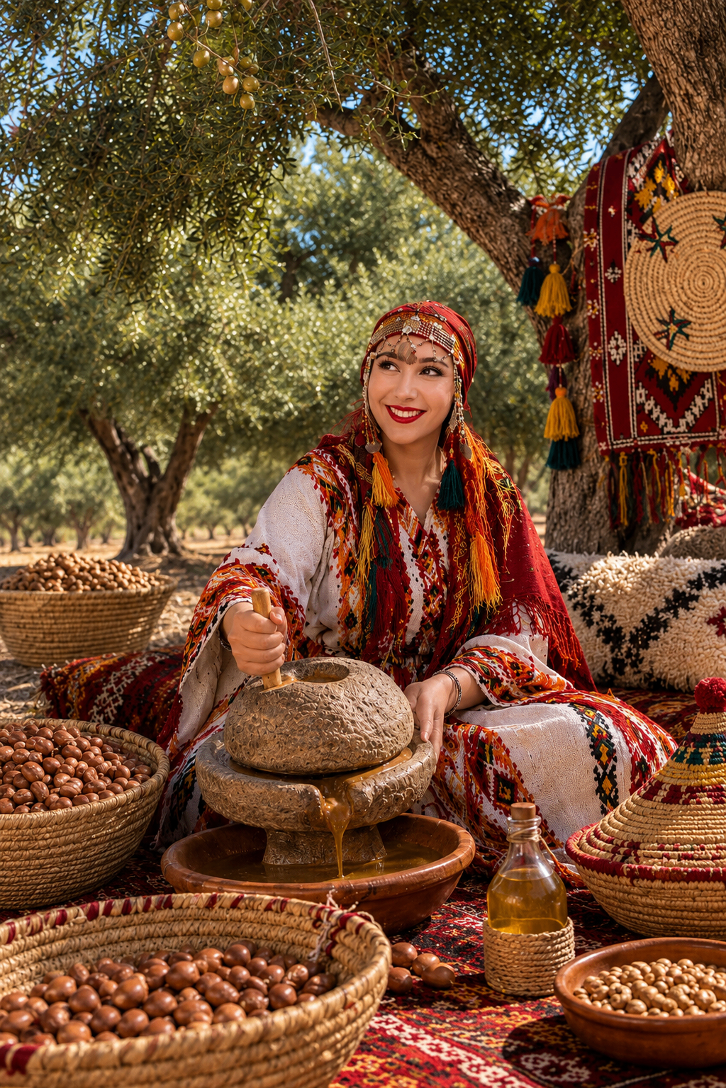 Moroccan woman in traditional dress pressing argan nuts into oil under an argan tree