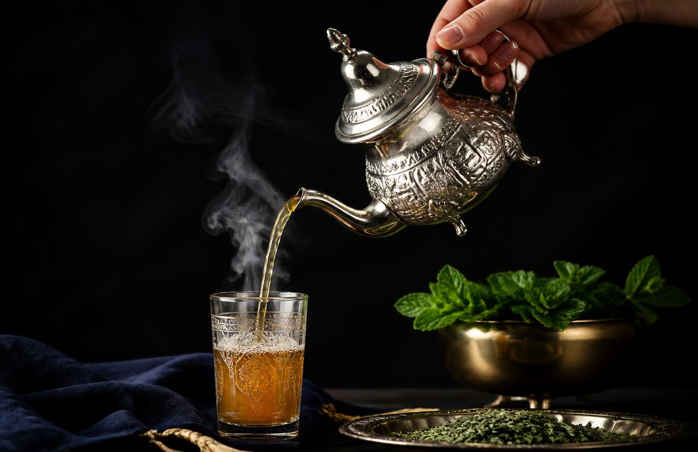 Traditional Moroccan tea being poured from a silver teapot