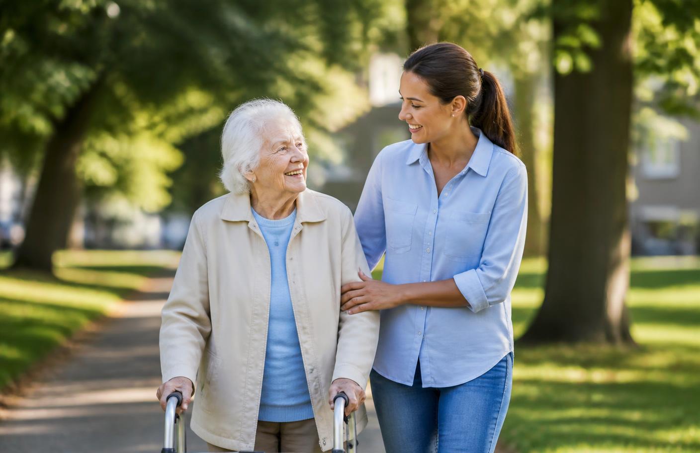 A carer accompanying an older person in a wheelchair