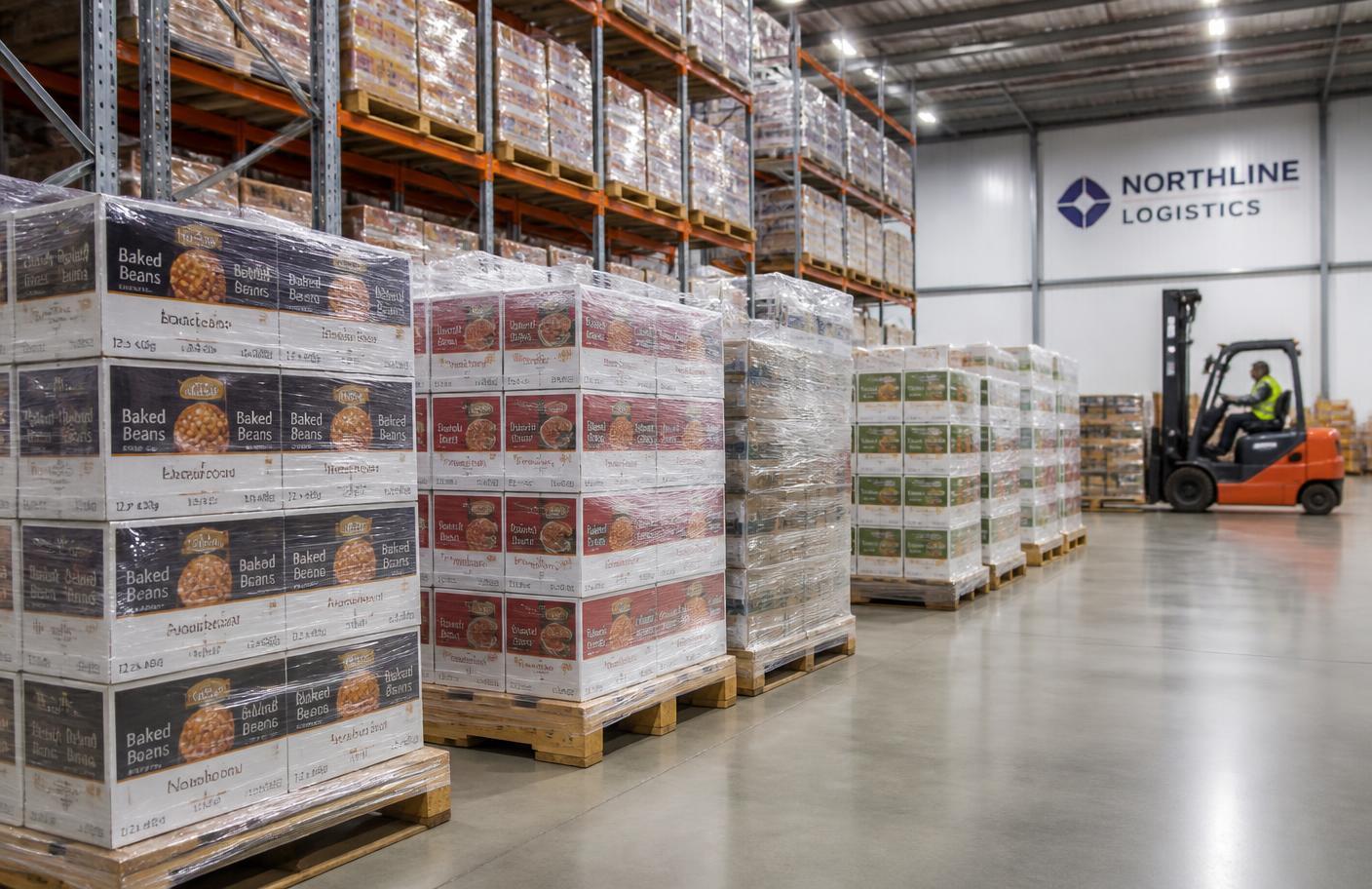 Warehouse racks with palletised export goods