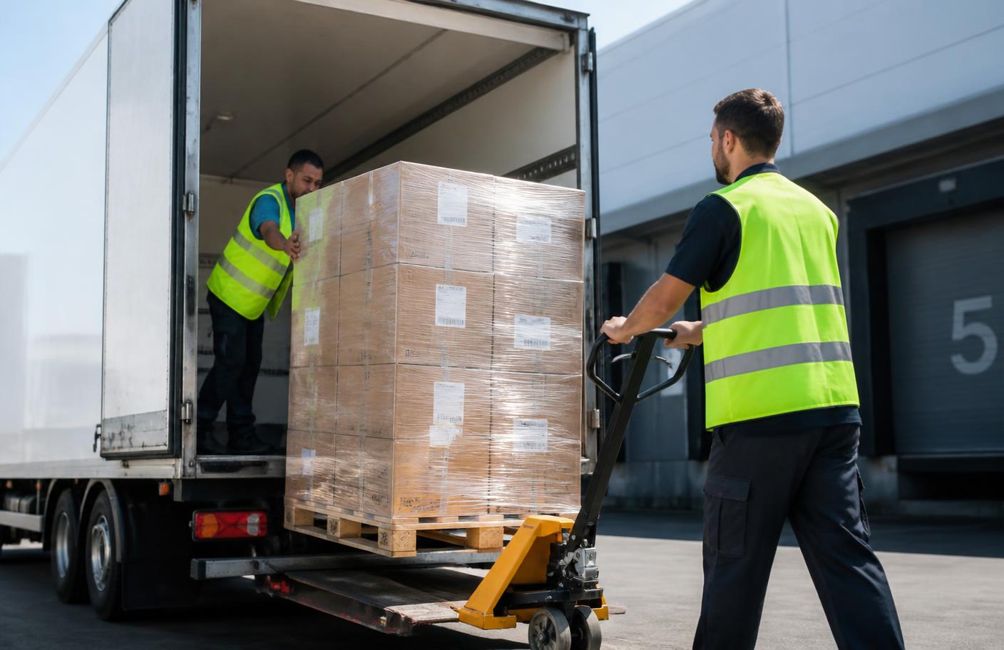 Goods being loaded into a truck at a warehouse dock